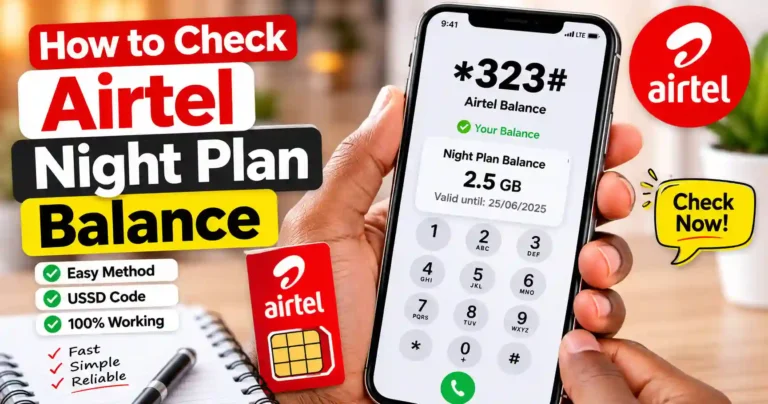 A smartphone displays the *323# USSD code for checking an Airtel data balance, with Airtel branding, a SIM card, and a nighttime data plan balance shown on the phone. The image illustrates how to check Airtel night plan balance using a simple USSD method.