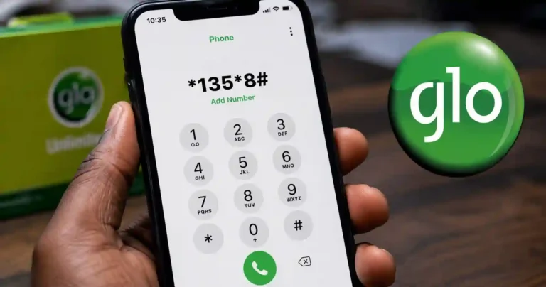A smartphone displays the Glo number-checking USSD code on the dialer screen, with Glo branding visible in the background.