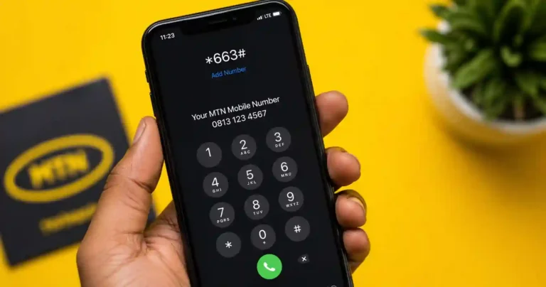 A smartphone displaying the *663# USSD code and an MTN mobile number, illustrating how to check your MTN number in Nigeria.