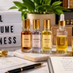 A realistic studio photograph showing an oil perfume business setup with fragrance bottles, perfume oils, roll-on bottles, packaging materials, and business planning notes. The image represents the key elements involved in starting and growing an oil perfume business in Nigeria, including product selection, branding, packaging, suppliers, marketing, and customer growth.