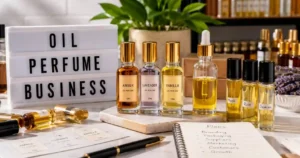 A realistic studio photograph showing an oil perfume business setup with fragrance bottles, perfume oils, roll-on bottles, packaging materials, and business planning notes. The image represents the key elements involved in starting and growing an oil perfume business in Nigeria, including product selection, branding, packaging, suppliers, marketing, and customer growth.