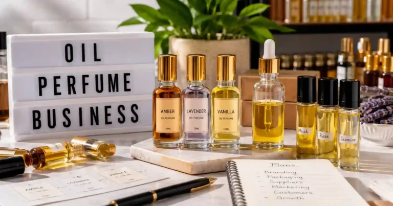 A realistic studio photograph showing an oil perfume business setup with fragrance bottles, perfume oils, roll-on bottles, packaging materials, and business planning notes. The image represents the key elements involved in starting and growing an oil perfume business in Nigeria, including product selection, branding, packaging, suppliers, marketing, and customer growth.