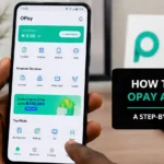 A smartphone displaying the OPay mobile app is held by a user while the screen shows OPay financial services, including transfers, bank services, airtime, data, savings, loans, and OPay Card options. The image illustrates how to open OPay account on a phone and provides a visual step-by-step guide concept for new OPay users.