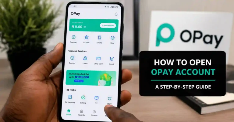 A smartphone displaying the OPay mobile app is held by a user while the screen shows OPay financial services, including transfers, bank services, airtime, data, savings, loans, and OPay Card options. The image illustrates how to open OPay account on a phone and provides a visual step-by-step guide concept for new OPay users.