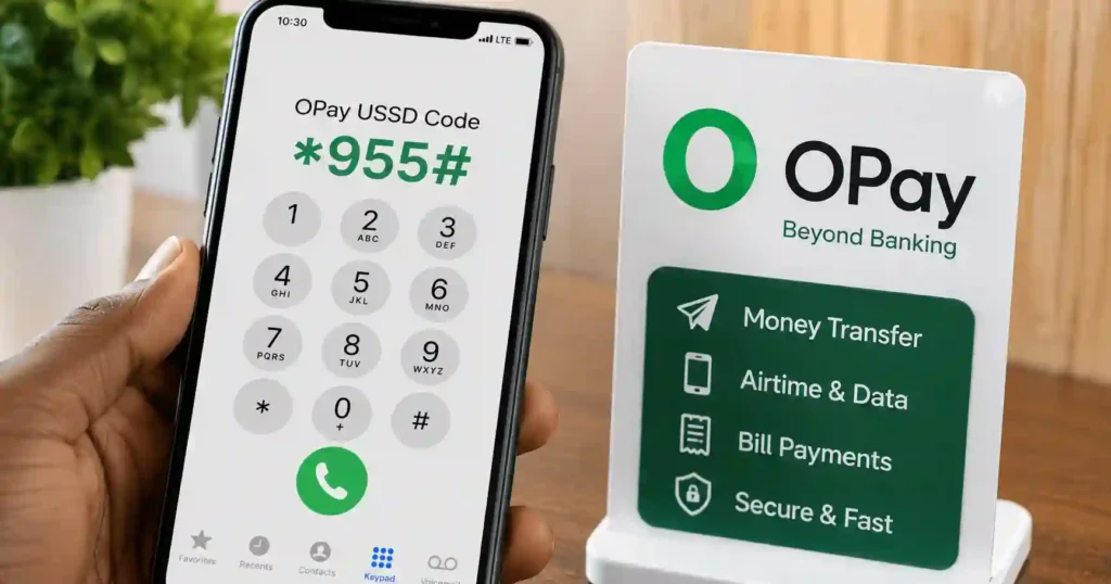 A realistic smartphone scene showing the OPay USSD code *955# on a phone keypad beside an OPay service display highlighting money transfers, airtime and data, bill payments, and secure mobile transactions in Nigeria.