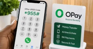 A realistic smartphone scene showing the OPay USSD code *955# on a phone keypad beside an OPay service display highlighting money transfers, airtime and data, bill payments, and secure mobile transactions in Nigeria.