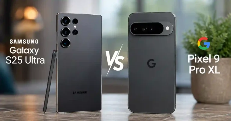 A high-resolution comparison image showing the Samsung Galaxy S25 Ultra with its S Pen beside the Google Pixel 9 Pro XL. The image highlights the two flagship smartphones side by side for the Samsung Galaxy S25 Ultra vs Pixel 9 Pro XL comparison, with both rear camera systems clearly visible.