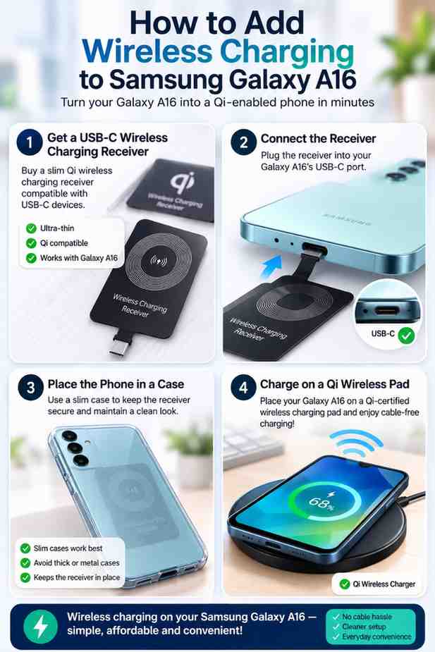 Follow this simple visual guide to install a USB-C wireless charging receiver and start using a Qi wireless charging pad with your Samsung Galaxy A16.