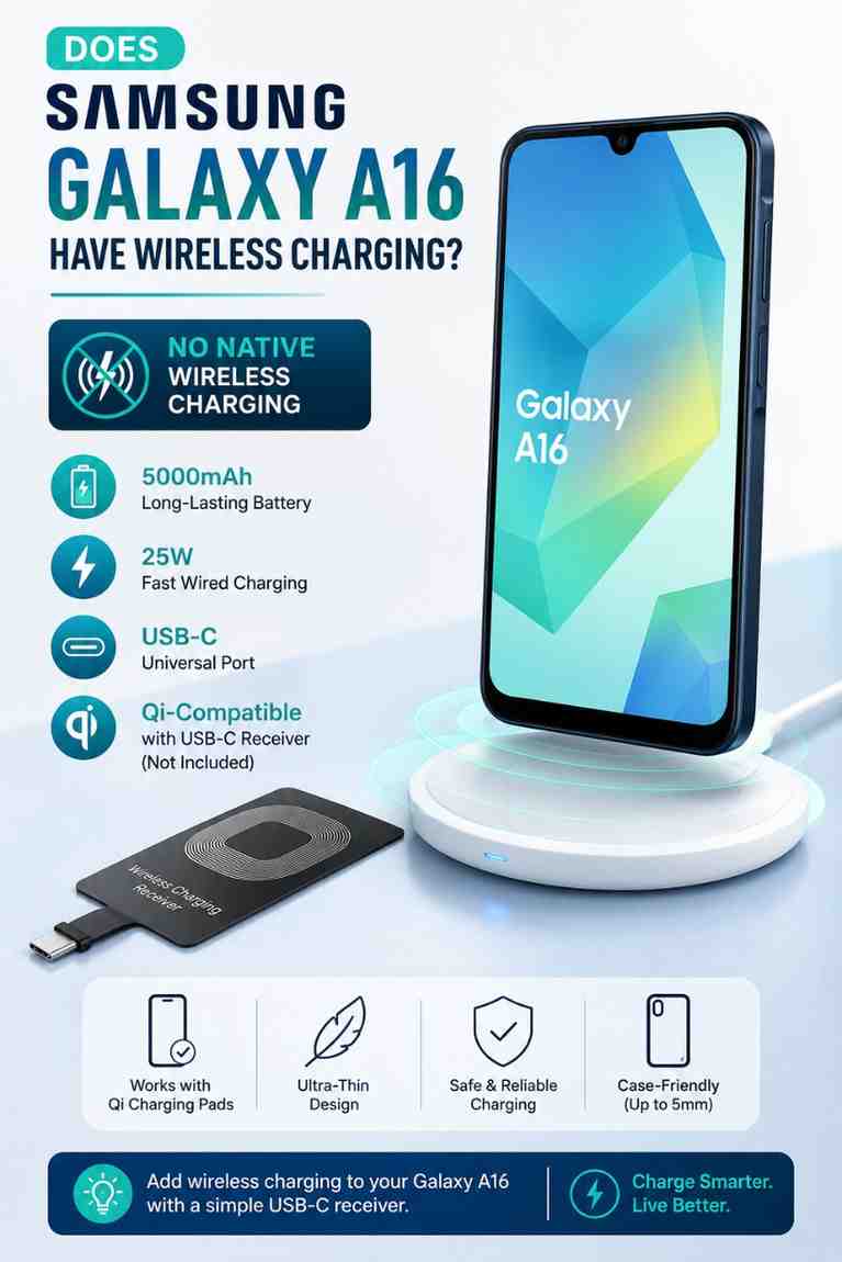 Samsung Galaxy A16 beside a Qi wireless charging pad and USB-C wireless charging receiver showing wireless charging compatibility.