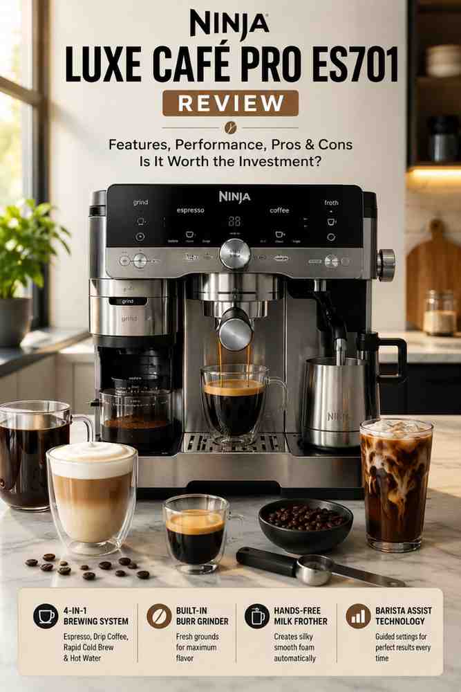 Ninja Luxe Café Pro ES701 espresso machine on a modern kitchen countertop brewing espresso with built-in grinder and milk frother