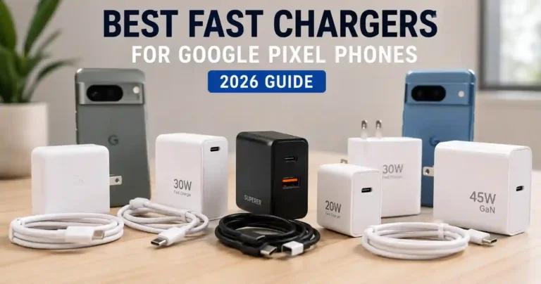 A realistic product photograph featuring Google Pixel phones alongside 20W, 30W, and 45W USB-C fast chargers and charging cables on a wooden desk. The image represents the best fast chargers for Google Pixel phones in 2026, including different charging power options for everyday, budget, dual-port, and high-output charging needs.