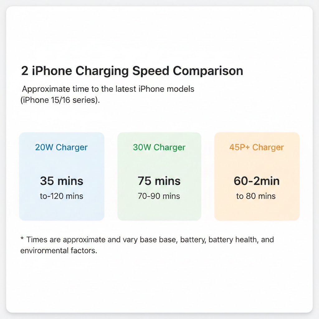 iPhone Charging Speed Comparison showing 20W vs. 30W vs. 45W charge times.