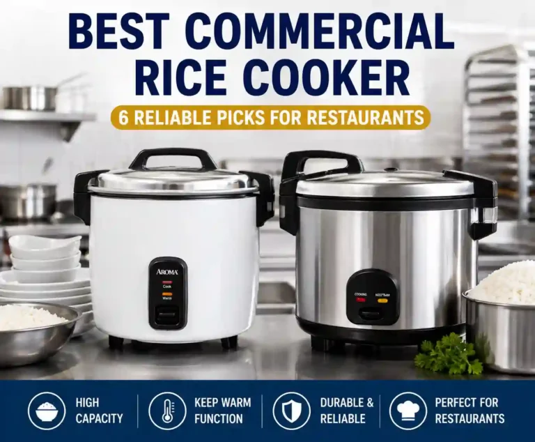 Featured image showing 2 large-capacity commercial rice cookers on a stainless-steel counter in a professional kitchen, representing reliable options for restaurants and high-volume food service.