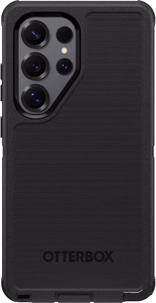 OtterBox Defender Series heavy duty case for Samsung Galaxy S25 Ultra showing multi-layer polycarbonate shell and rugged synthetic rubber slipcover with port covers.