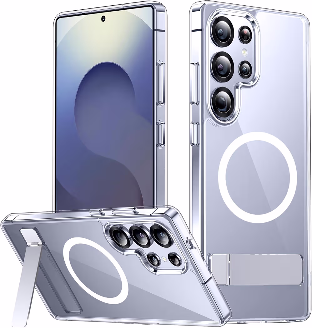 SPIDERCASE magnetic case for Samsung Galaxy S25 Ultra with 3-way aluminum invisible stand and corner airbags for 12ft military grade shockproof protection.