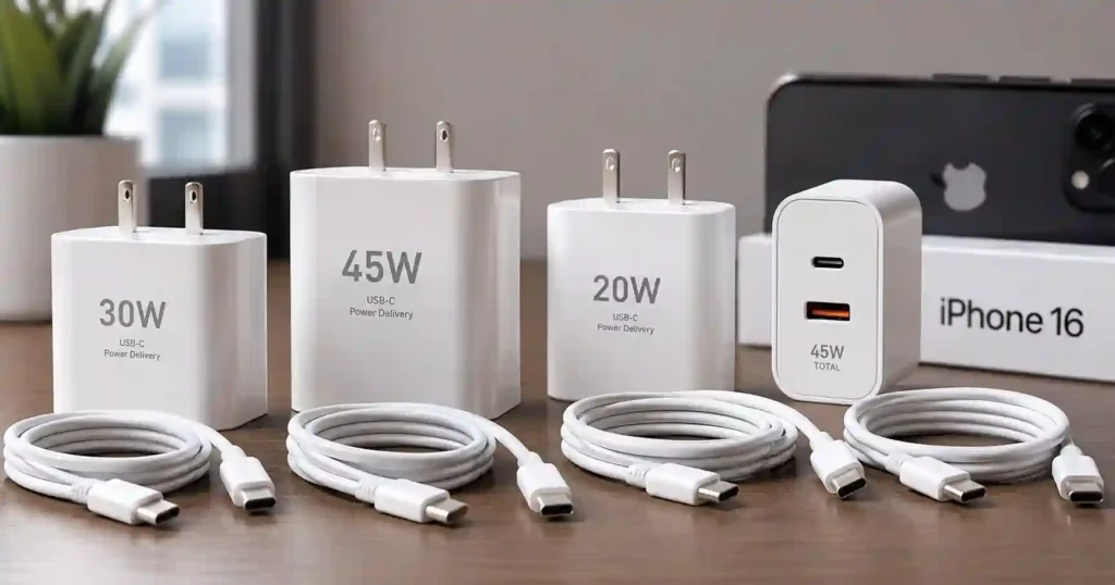 A realistic product photograph showcasing the Best iPhone 16 Chargers, including 20W, 30W, and 45W USB-C charging adapters with long USB-C cables arranged on a wooden desk beside an iPhone 16 box.