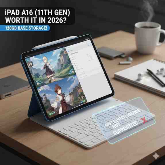 iPad A16 11th Gen on desk with Magic Keyboard Folio, showing split-screen gaming and an Apple Intelligence alert.