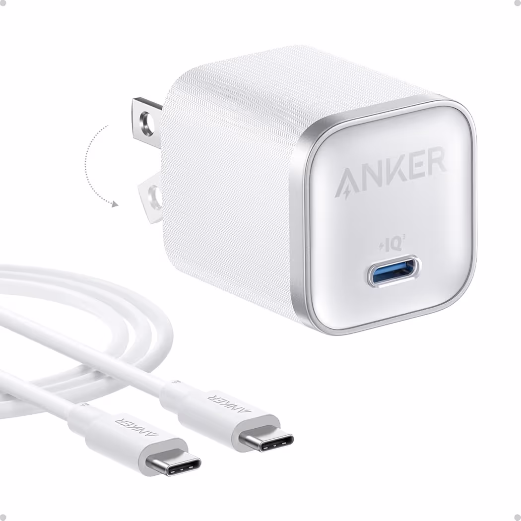 Anker Nano 45W GaN charger with 6ft USB-C cable for iPhone 17 Pro Max fast charging.