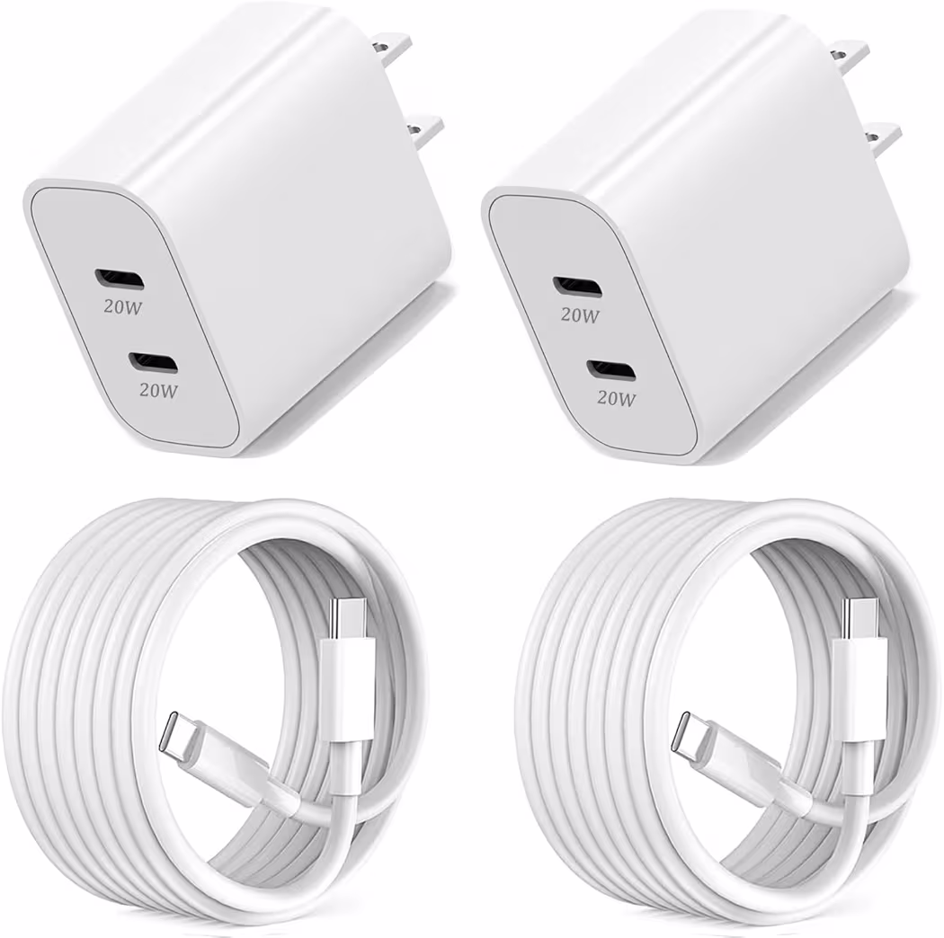QZIIW 45W dual port USB-C fast charger with 10ft cables for iPhone 17 and iPad.