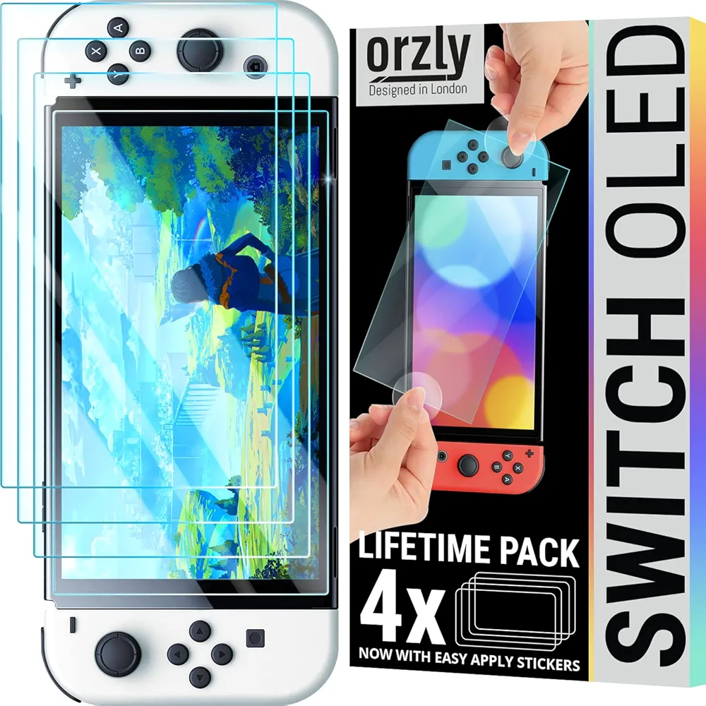 Orzly 4-pack tempered glass screen protector for Nintendo Switch Lite and Classic models in retail packaging.
