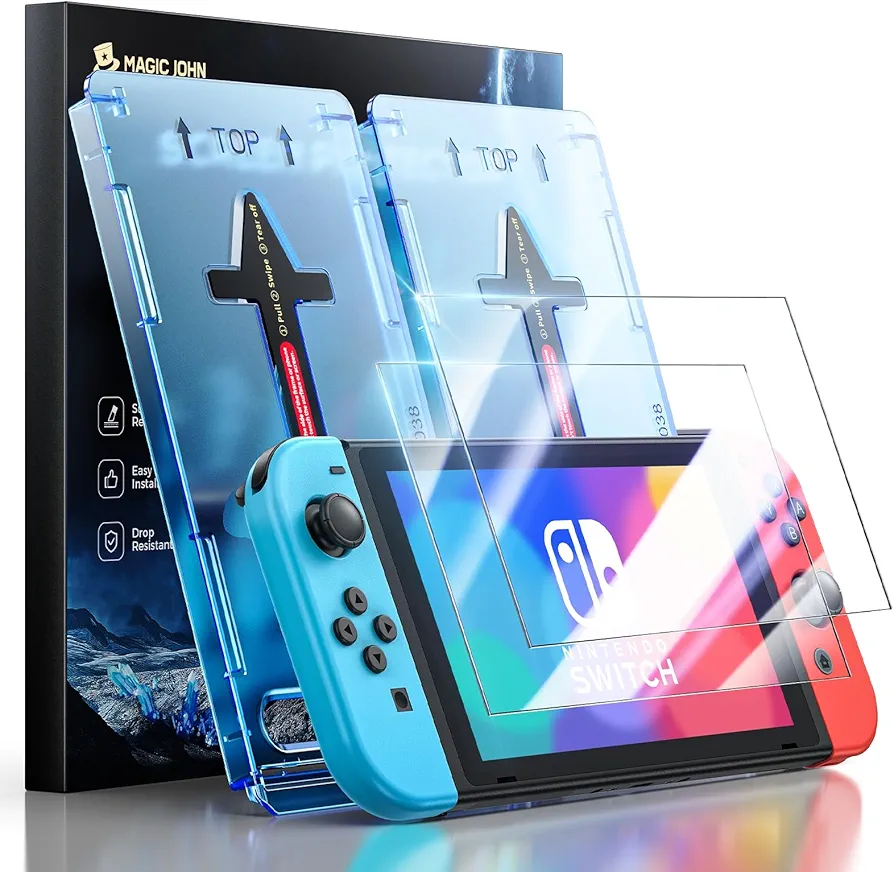 MAGIC JOHN blue light filter screen protector for Nintendo Switch OLED with automatic dust removal installation box.