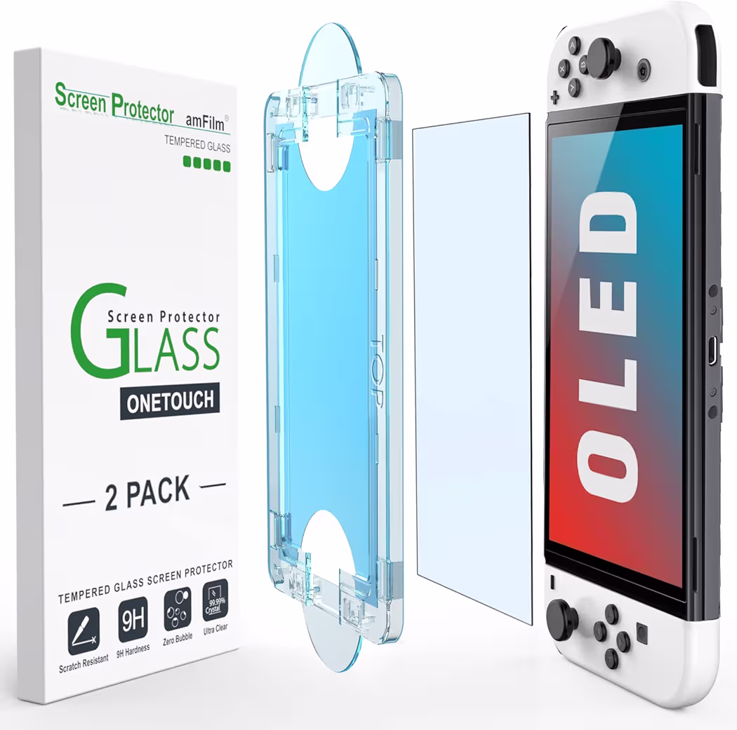 amFilm OneTouch screen protector for Nintendo Switch OLED featuring the plastic auto-alignment installation tray and two tempered glass sheets.