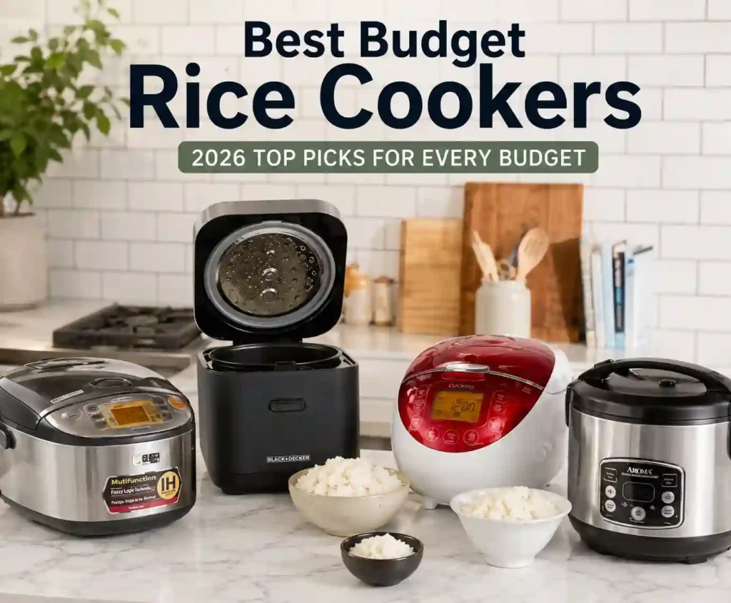 Aroma digital budget rice cooker on a kitchen counter next to a bowl of white rice