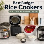 A realistic kitchen scene featuring several rice cookers and bowls of cooked rice, representing the best budget rice cookers for 2026 and different cooking needs.