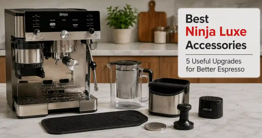 Ninja Luxe accessories displayed with a Ninja Luxe Café espresso machine, pitcher, knock box, WDT tool, puck screen, tamper, and coffee mat