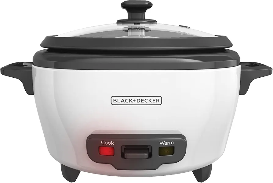 Compact BLACK+DECKER rice cooker with steamer tray on kitchen counter