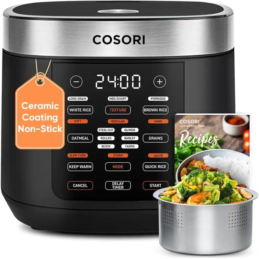 COSORI rice cooker steaming broccoli and white rice in a modern kitchen
