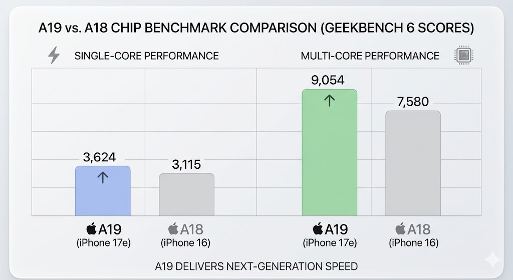 Bar chart showing iPhone 17e A19 chip benchmarks outperforming the previous generation.