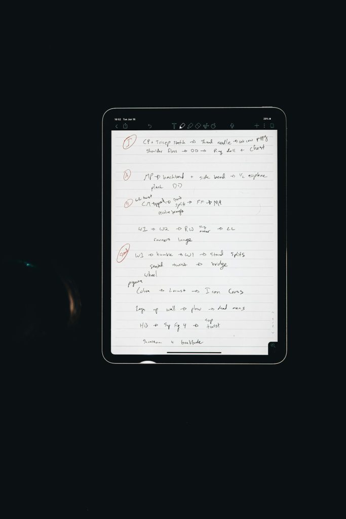 iPad screen displaying handwritten project notes and Apple Pencil shortcuts for organized digital planning.