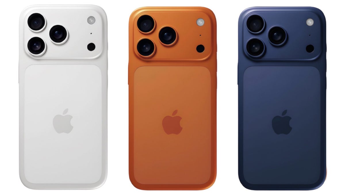 Three iPhone 17e models in Black, White, and Brown standing side-by-side showing the front notch and single rear camera