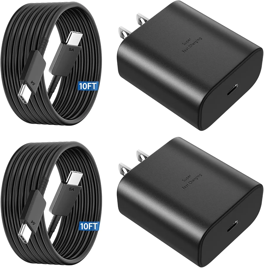 Portable 45W GaN travel adapter for Galaxy S25 Ultra with foldable prongs and long cable