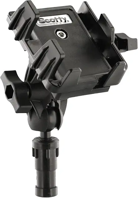 Scotty phone holder mounted beside bass boat electronics