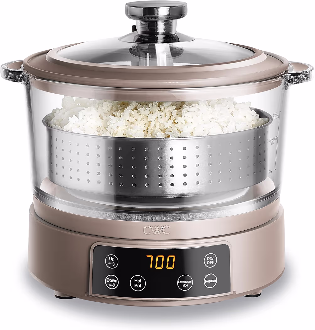 Glass low carb rice cooker showing cloudy starch drainage water