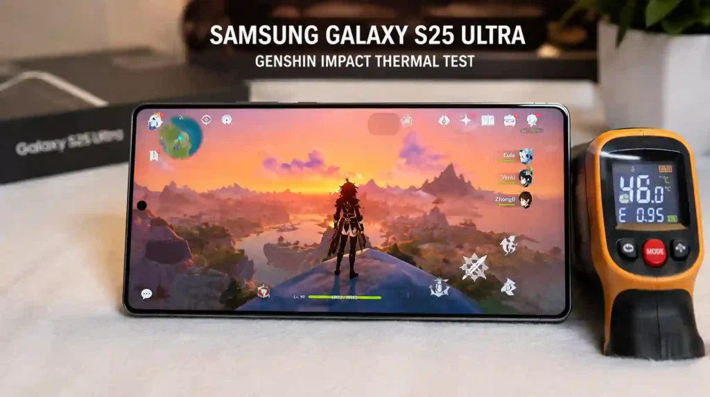 Samsung Galaxy S25 Ultra displaying PUBG Mobile gameplay at 120FPS with a thermal cooling fan attached