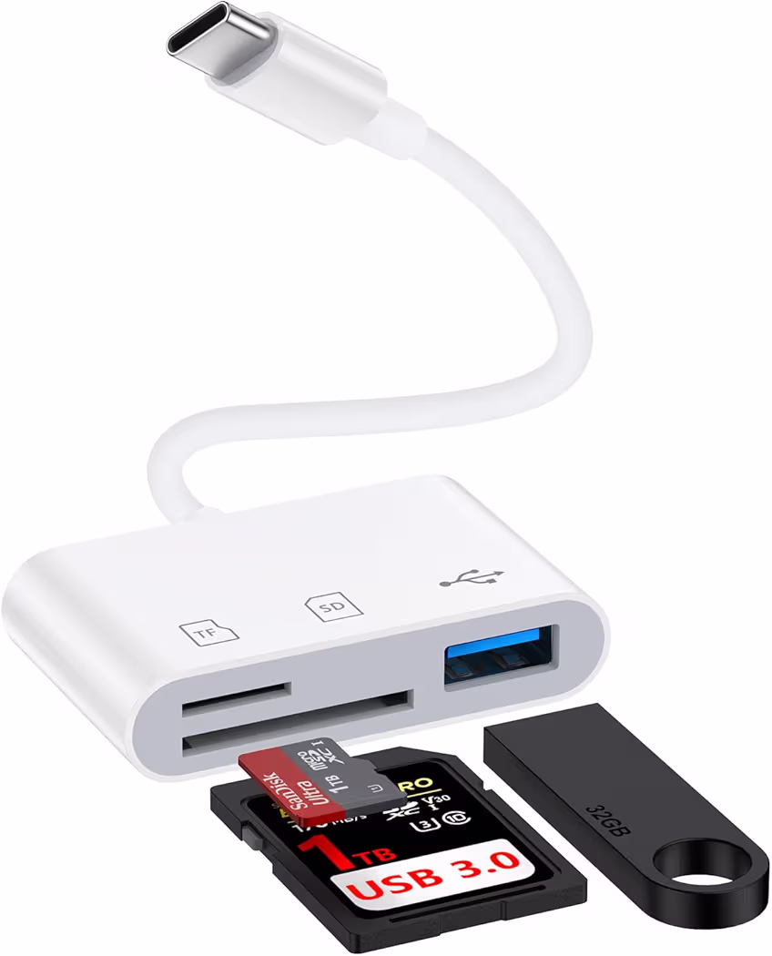 Compact USB-C SD card reader connected to a Galaxy S26 Ultra for photo and video transfers