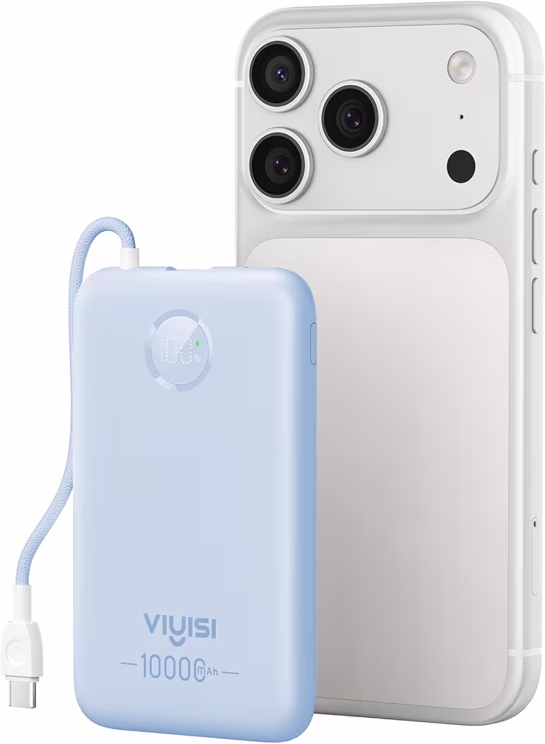 VIYISI ultra slim portable charger beside Samsung Galaxy A16 in a travel bag