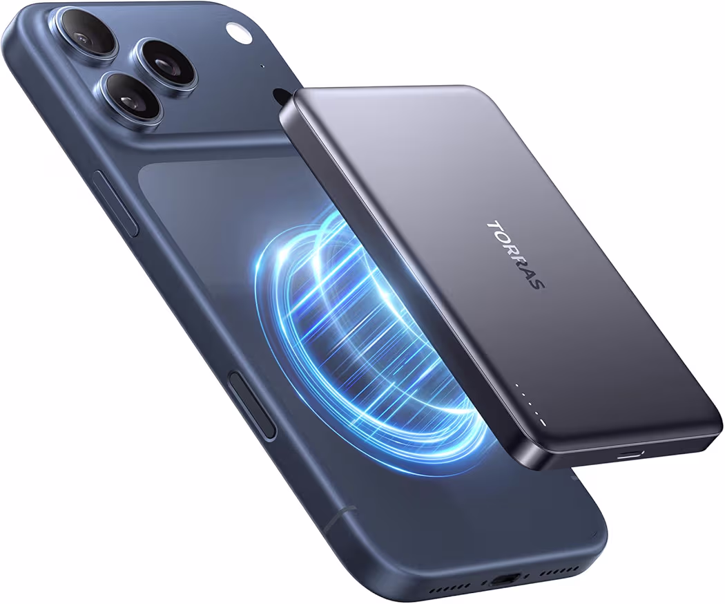 TORRAS MiniMag magnetic power bank attached to iPhone 17 Pro Max
