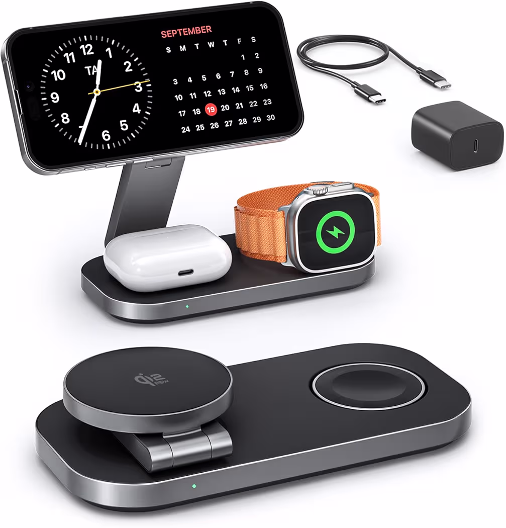Qi2 3 in 1 charging station charging iPhone 17 Pro Max Apple Watch and AirPods
