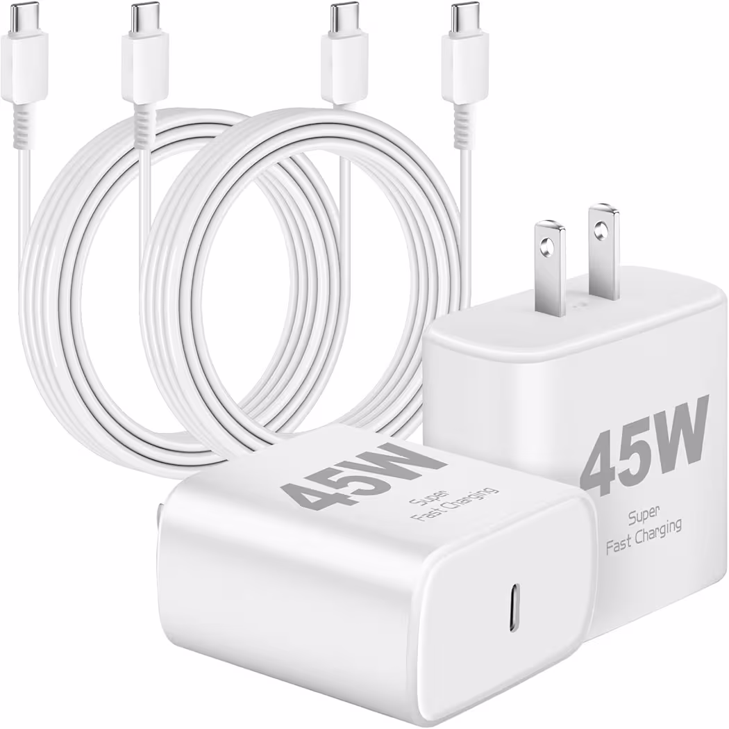 Two Samsung compatible 45W chargers with USB C cables for Galaxy S26 Ultra charging
