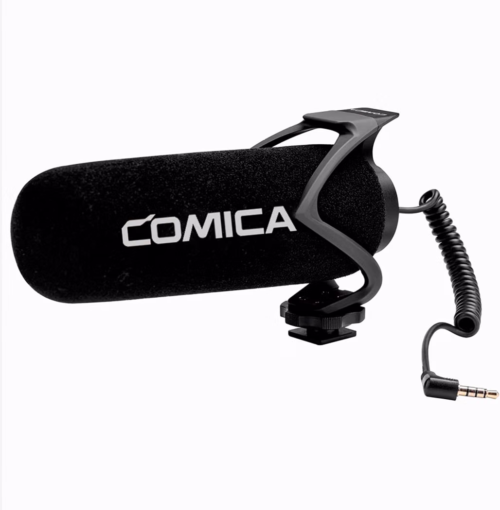 COMICA CVM-V30 LITE shotgun microphone mounted on smartphone recording rig for professional video production