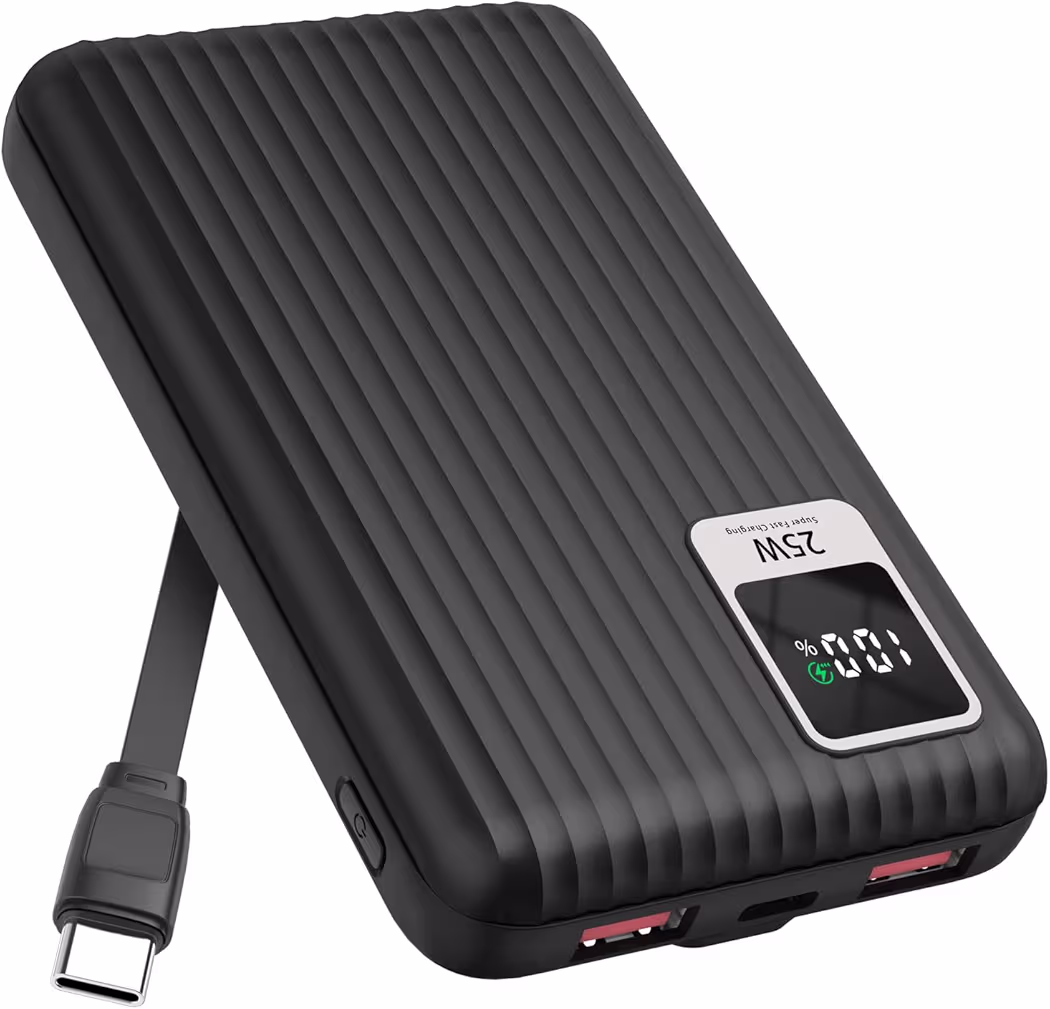 25W portable charger power bank connected to Samsung Galaxy A16