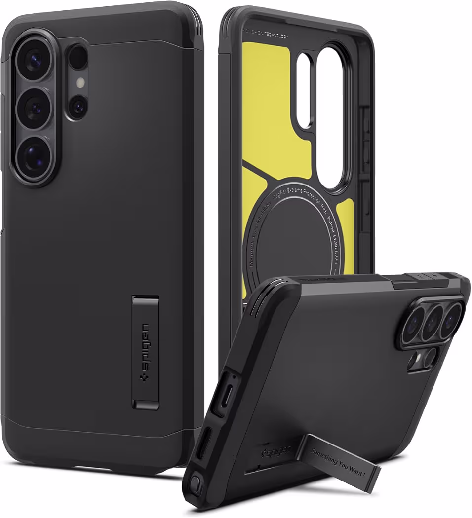 Spigen Tough Armor MagFit case for Galaxy S26 Ultra with wireless charging support and kickstand