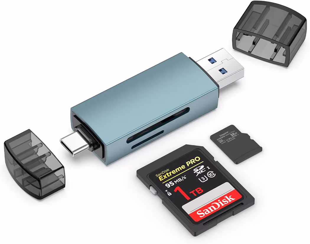 Dual-slot USB-C SD and microSD card reader connected to Galaxy S26 Ultra