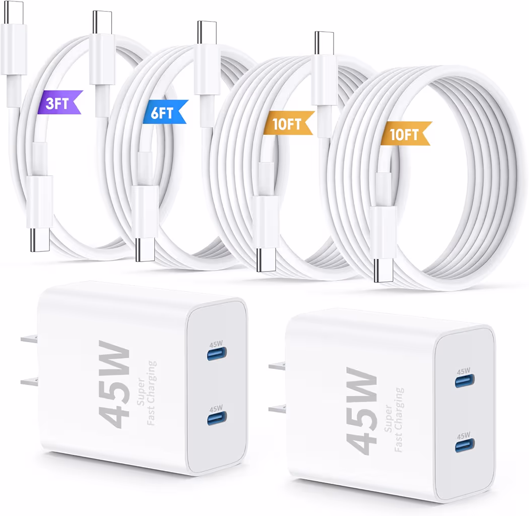 QZIIW dual-port 45W charger charging an iPhone 17 and tablet simultaneously