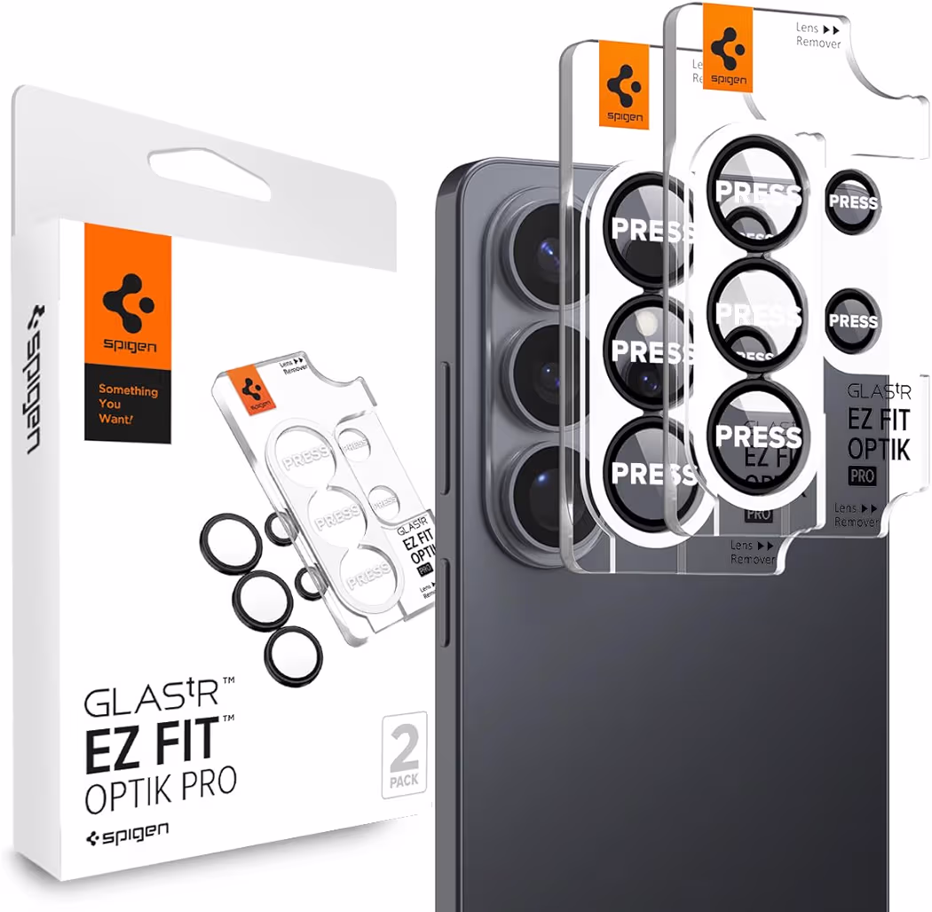 Spigen GlasTR EZ Fit Optik Pro camera lens protector installed on Samsung Galaxy S26 Ultra