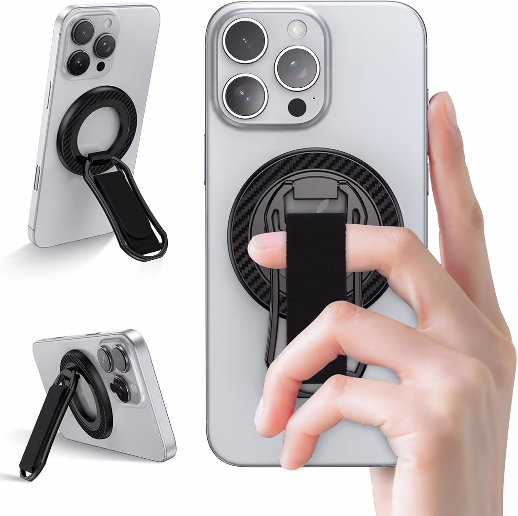 Magnetic phone grip attached to Galaxy S26 Ultra for better handling and stand support
